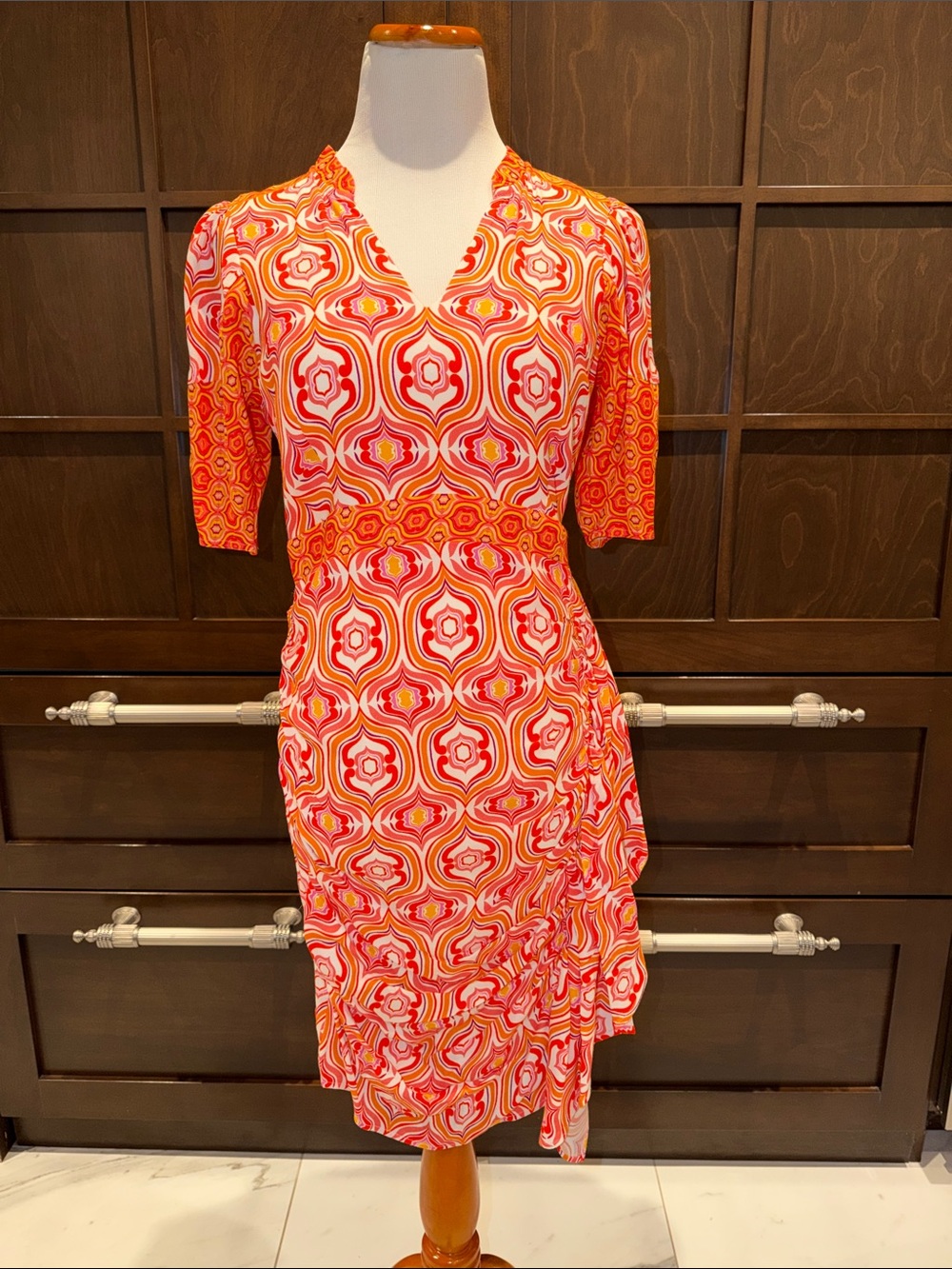 Hale Bob Orange Pink Geometric V-Neck Midi Dress
